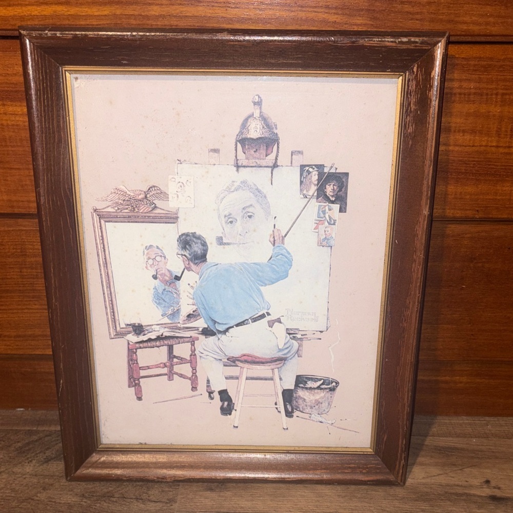 Vintage Mid-Century Art Print Norman Rockwell Self Portrait | Solid Wood Frame